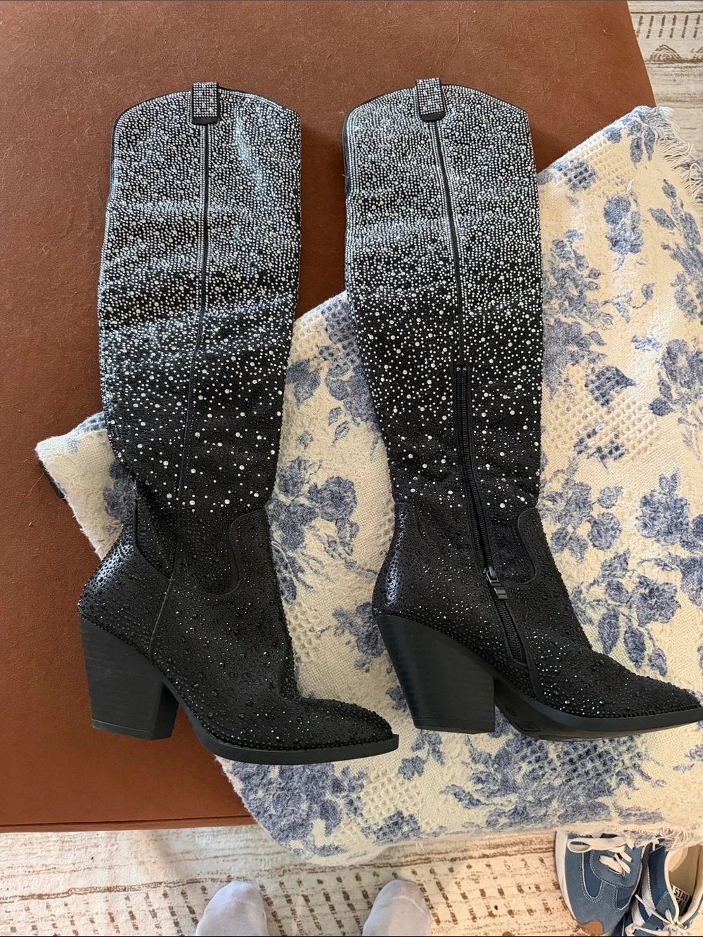 Women's Black Embellished Knee-High Western Boots